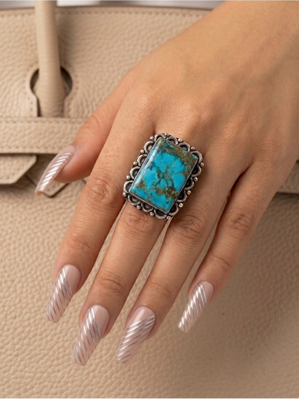 Statement Turquoise Rectangle Ring — Silver-Overlay Setting